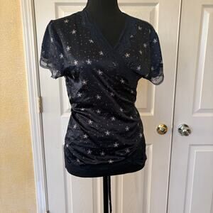 Chelsea Black Wrap Blouse Lace Trim Star Print Size M